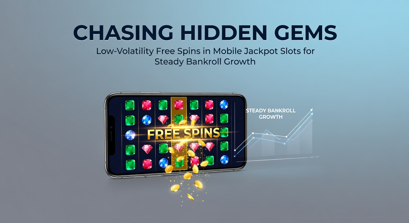 Grafik eines mobilen Slot-Screens mit aktiven Free Spins, low-vol-Symbolen und einem steigenden Jackpot-Meter sowie Bankroll-Wachstumskurve
