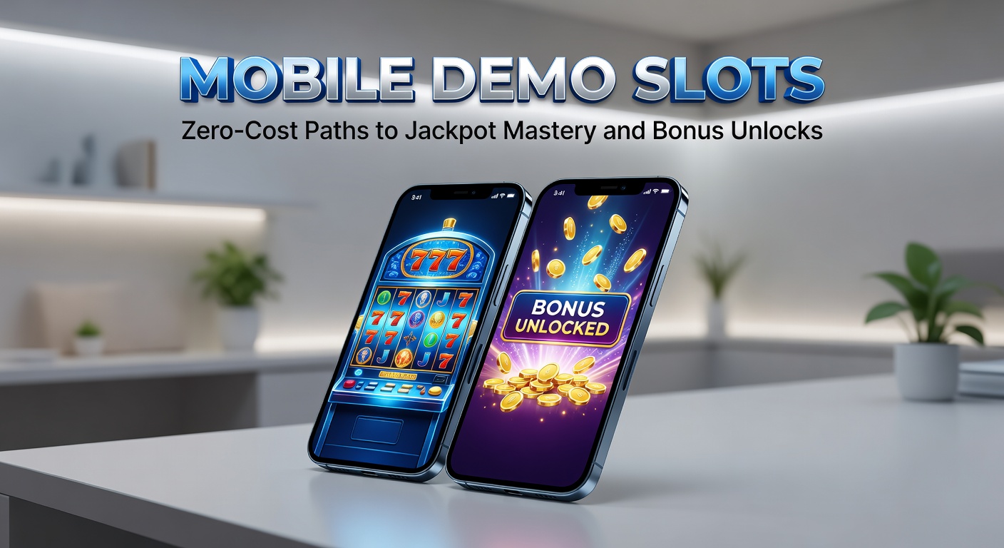 Nahaufnahme eines Tablets mit laufendem Demo-Slot-Jackpot, Explosion von Münzen und Bonus-Symbolen, umgeben von mobilen Gaming-Icons