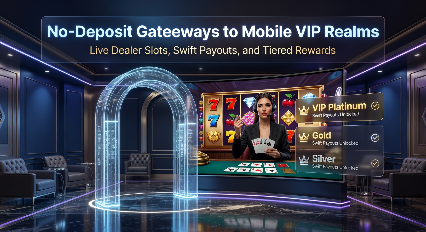 Mobilgerät mit Live-Dealer-Slot und VIP-Belohnungsleiter im Vordergrund, symbolisiert No-Deposit-Einstieg in exklusive Casino-Welten